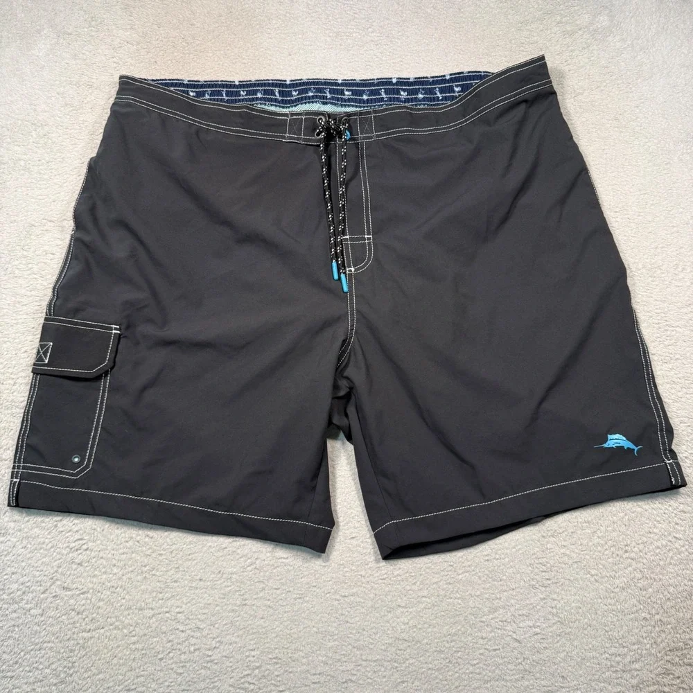 Tommy Bahama Board Shorts Mens 2XLB Black Recycled Cargo Swim Trunks Marlin Logo